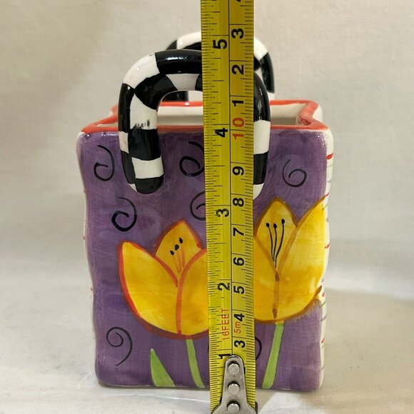 Milson & Louis Ceramic Purse Tote Bag Planter Vase Hand Painted Yellow Tulip - Picture 2 of 9